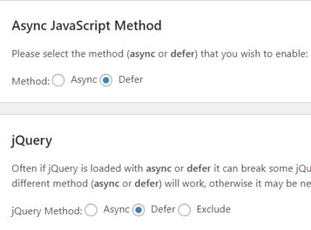 「Async JavaScript Method」「 jQuery」ともに Defer を選択します。