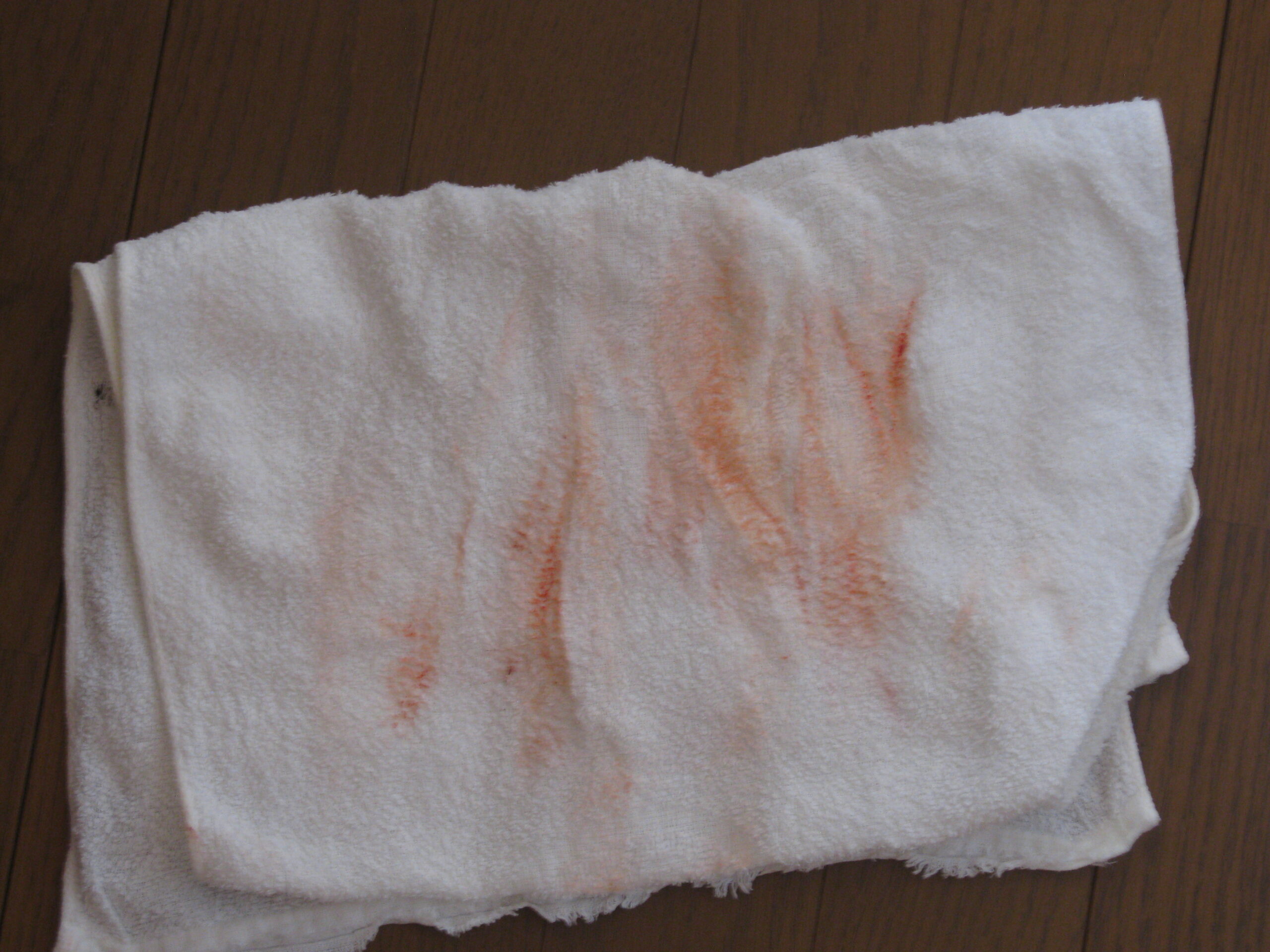 赤いペンキを塗ったベランダを布団を干す前に乾いたタオルで拭きます。